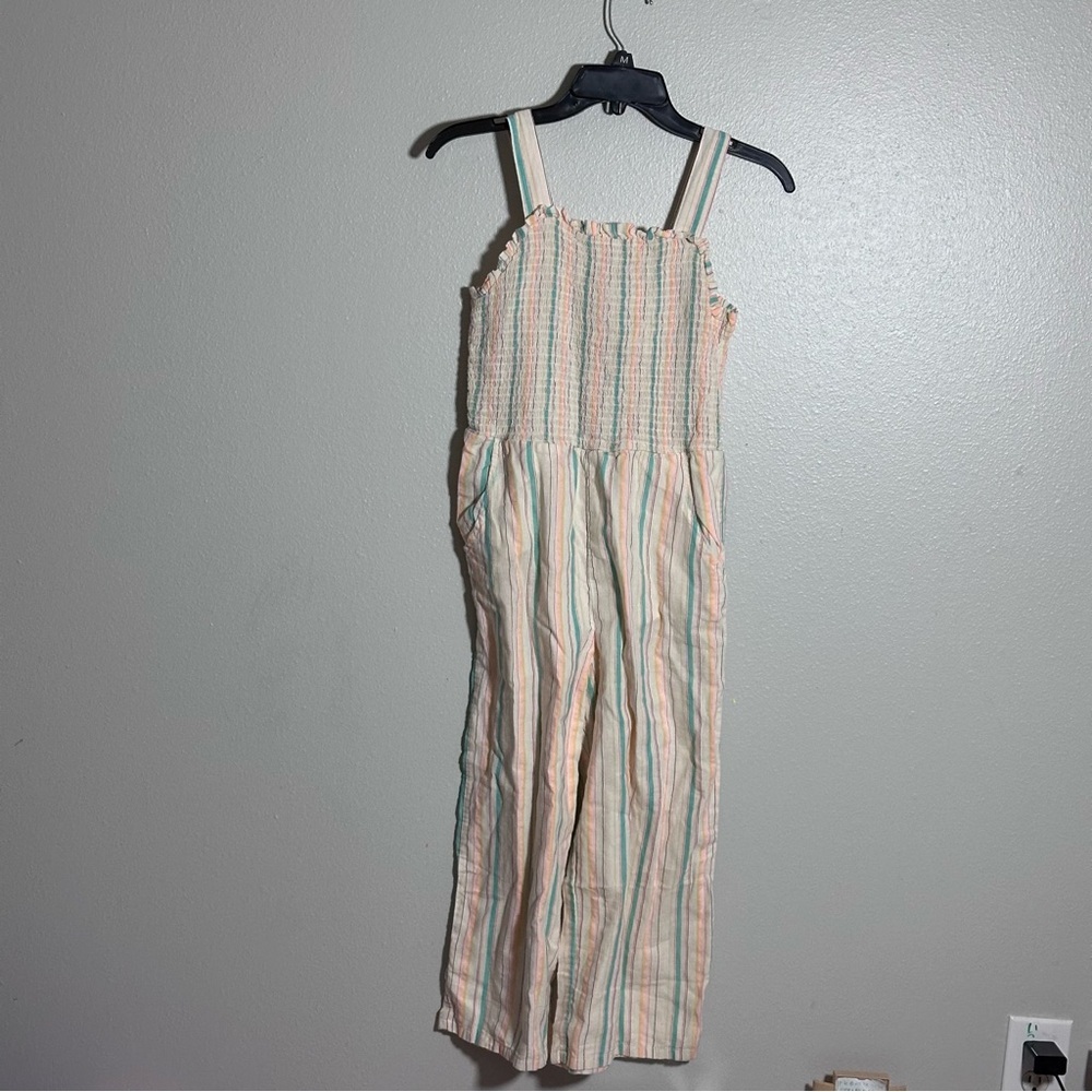 Cat & Jack Kids Girls Stripes Cream/White Romper Smocked Jumpsuit size L(10/12)
